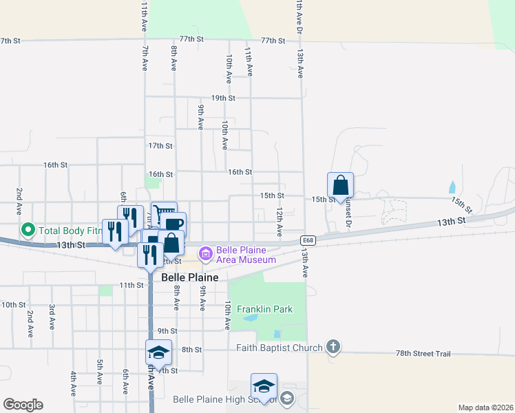 map of restaurants, bars, coffee shops, grocery stores, and more near 1106-1108 15th Street in Belle Plaine