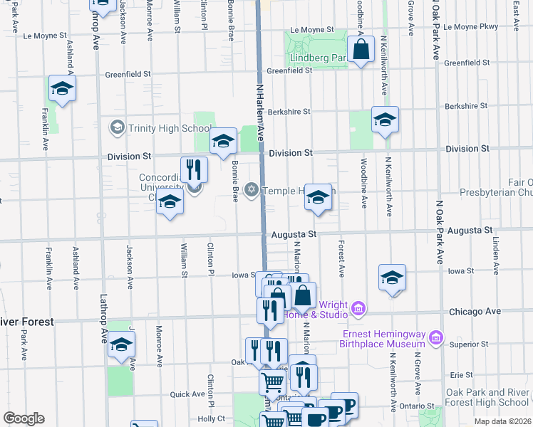 map of restaurants, bars, coffee shops, grocery stores, and more near 1047 Illinois 43 in Oak Park