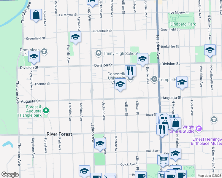 map of restaurants, bars, coffee shops, grocery stores, and more near 1045 Jackson Avenue in River Forest
