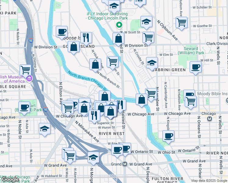 map of restaurants, bars, coffee shops, grocery stores, and more near 940 North North Branch Street in Chicago