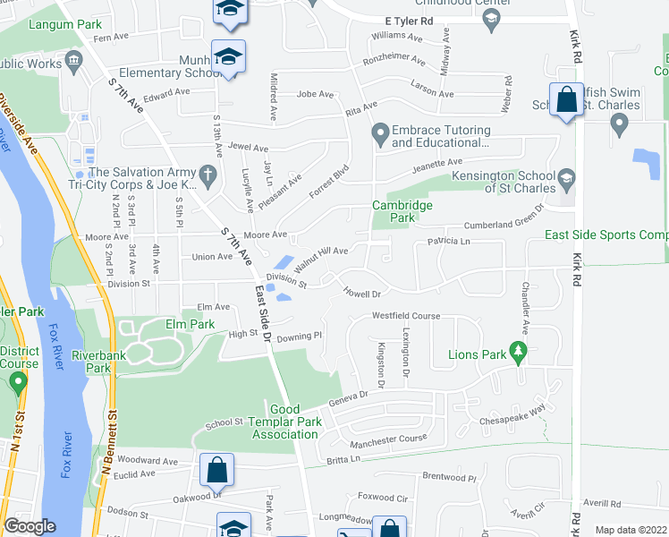 map of restaurants, bars, coffee shops, grocery stores, and more near 1462 Division Court in Saint Charles