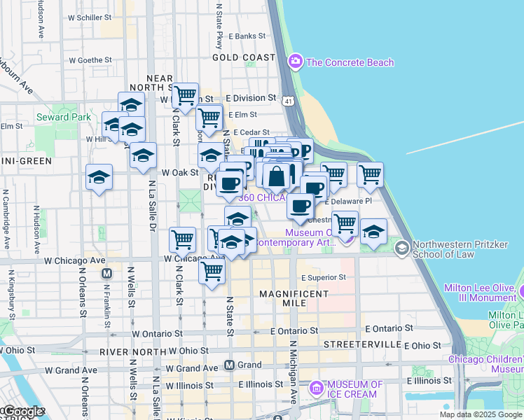 map of restaurants, bars, coffee shops, grocery stores, and more near 57 East Delaware Place in Chicago