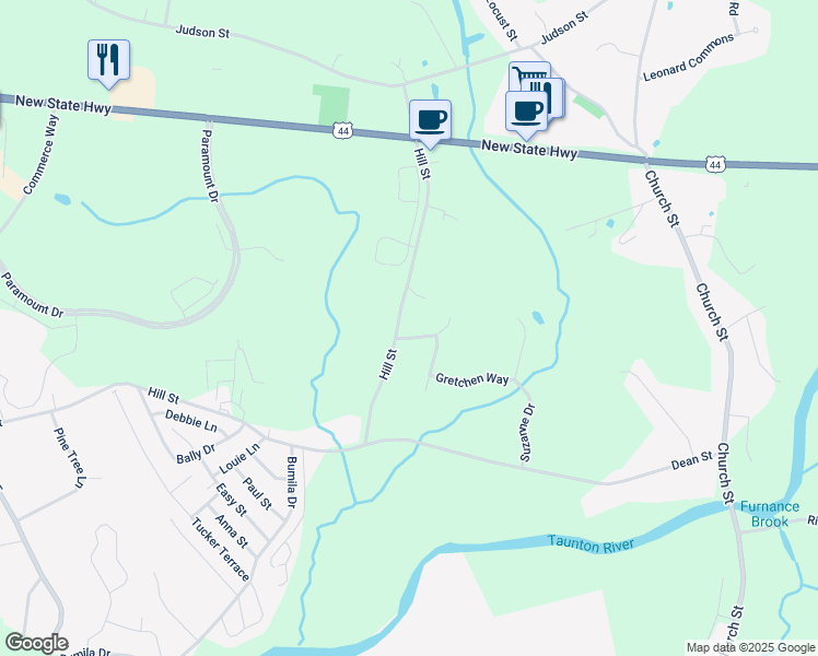 map of restaurants, bars, coffee shops, grocery stores, and more near 600 Hill Street in Raynham