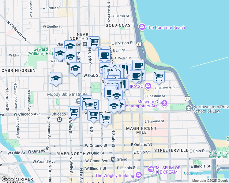 map of restaurants, bars, coffee shops, grocery stores, and more near 908 North State Street in Chicago