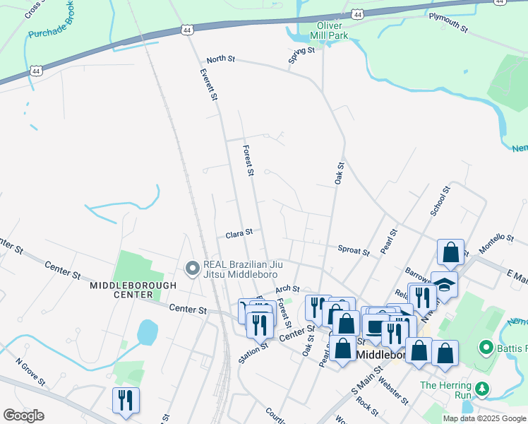 map of restaurants, bars, coffee shops, grocery stores, and more near 57 Forest Street in Middleborough