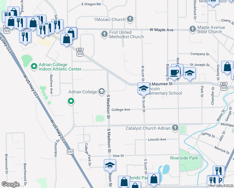 map of restaurants, bars, coffee shops, grocery stores, and more near 1124 Williams Street in Adrian