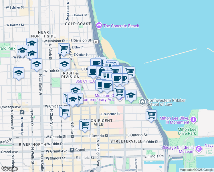 map of restaurants, bars, coffee shops, grocery stores, and more near 55 East Delaware Place in Chicago
