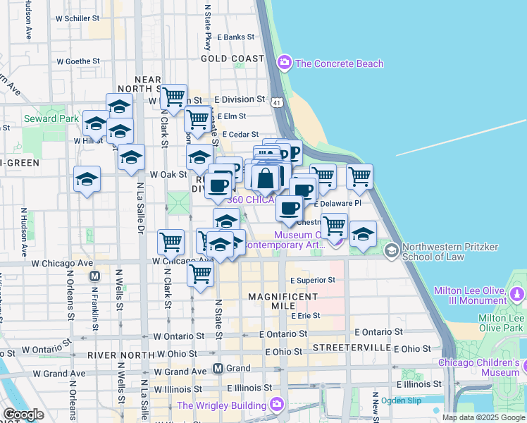 map of restaurants, bars, coffee shops, grocery stores, and more near 900 Michigan Avenue in Chicago