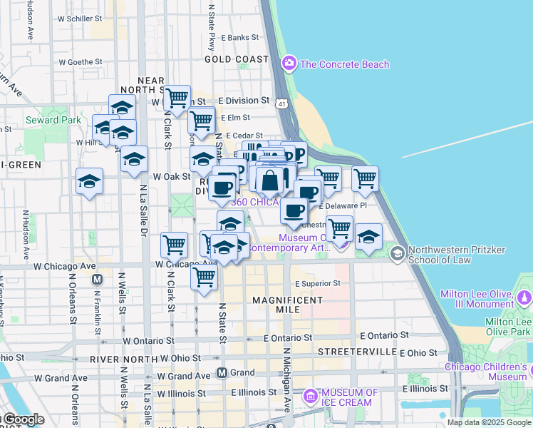 map of restaurants, bars, coffee shops, grocery stores, and more near 900 Michigan Avenue in Chicago