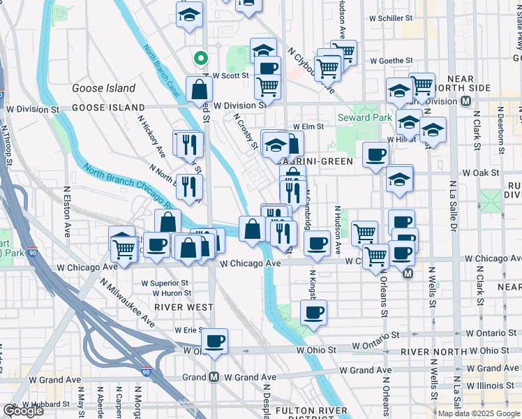 map of restaurants, bars, coffee shops, grocery stores, and more near in Chicago