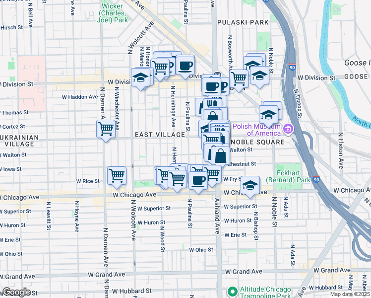 map of restaurants, bars, coffee shops, grocery stores, and more near 1719 West Augusta Boulevard in Chicago