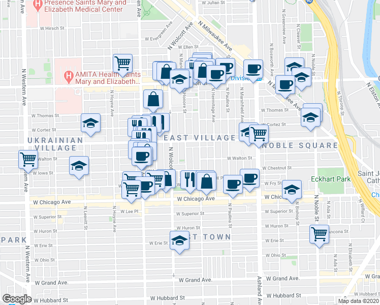 map of restaurants, bars, coffee shops, grocery stores, and more near 959 North Honore Street in Chicago