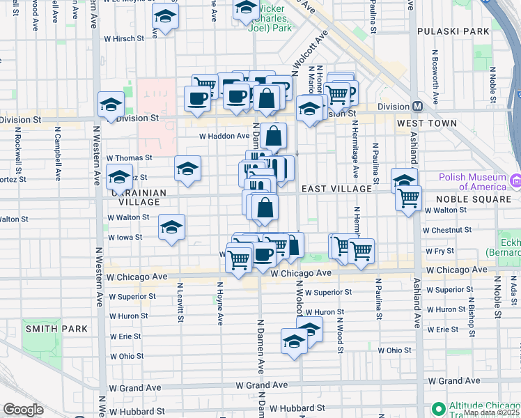 map of restaurants, bars, coffee shops, grocery stores, and more near 1945 West Augusta Boulevard in Chicago