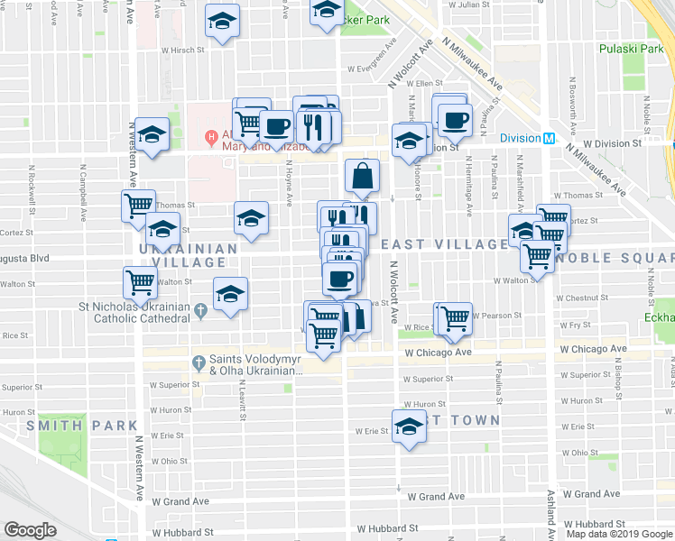 map of restaurants, bars, coffee shops, grocery stores, and more near 2021 West Augusta Boulevard in Chicago