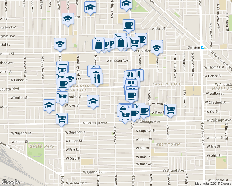 map of restaurants, bars, coffee shops, grocery stores, and more near 953 North Hoyne Avenue in Chicago