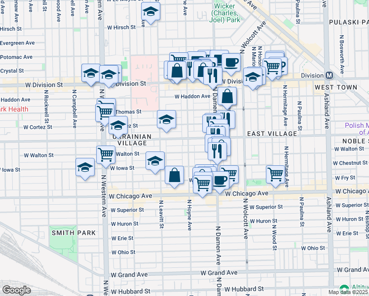 map of restaurants, bars, coffee shops, grocery stores, and more near 953 North Hoyne Avenue in Chicago