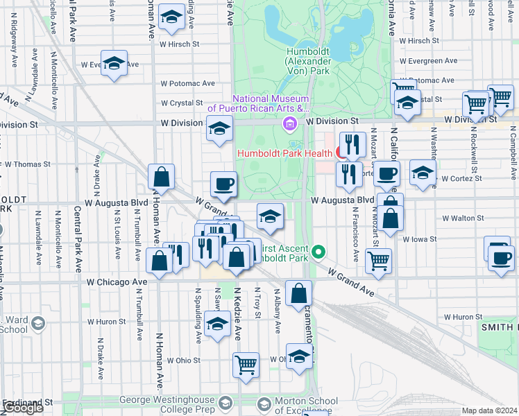 map of restaurants, bars, coffee shops, grocery stores, and more near 1410 Luis Munoz Marin Drive in Chicago