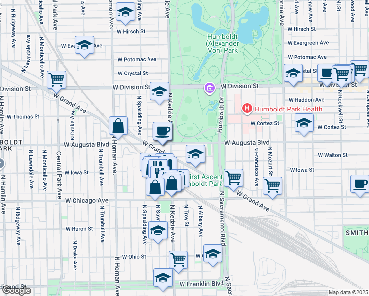map of restaurants, bars, coffee shops, grocery stores, and more near 1410 Luis Munoz Marin Drive in Chicago