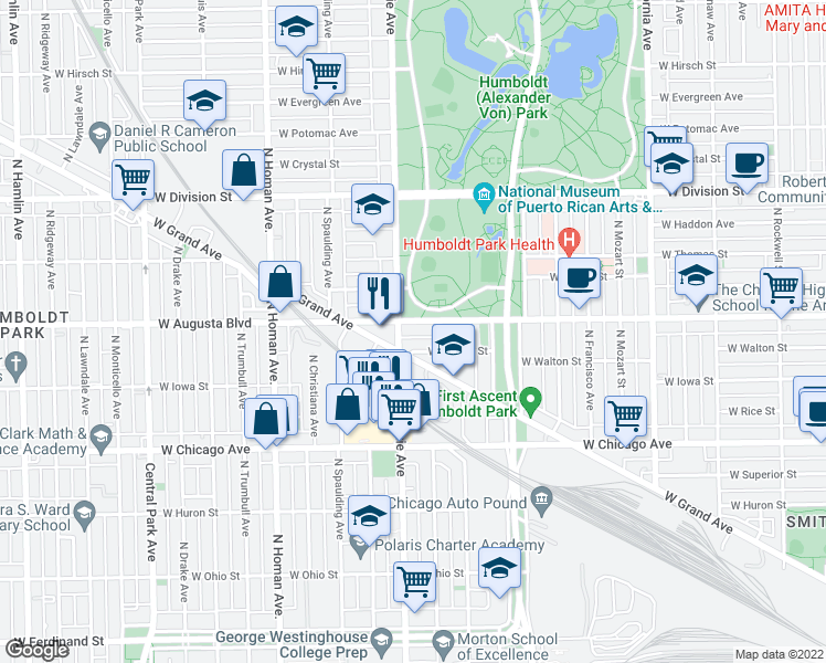 map of restaurants, bars, coffee shops, grocery stores, and more near in Chicago