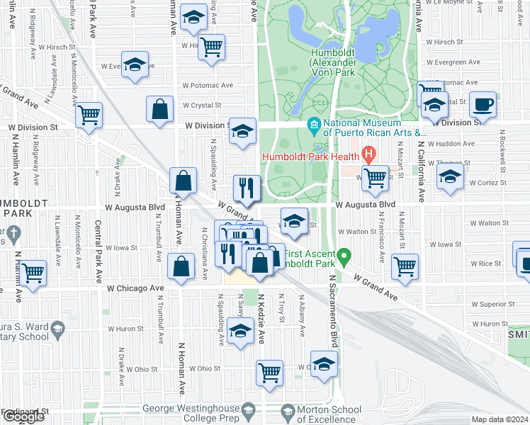 map of restaurants, bars, coffee shops, grocery stores, and more near 1000 North Kedzie Avenue in Chicago