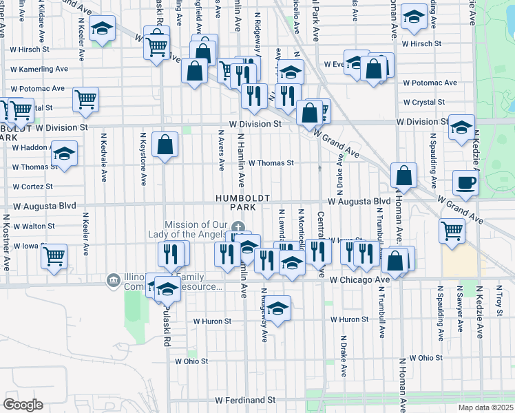 map of restaurants, bars, coffee shops, grocery stores, and more near 1015 North Ridgeway Avenue in Chicago