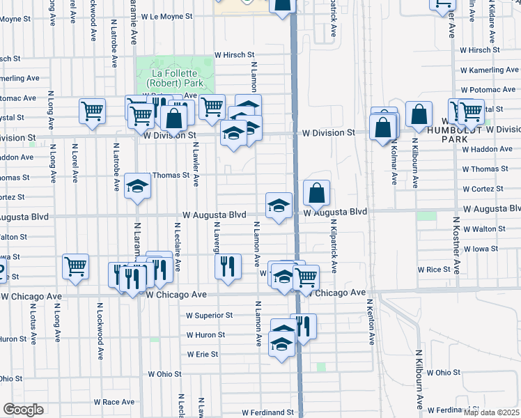 map of restaurants, bars, coffee shops, grocery stores, and more near 4901 West Cortez Street in Chicago