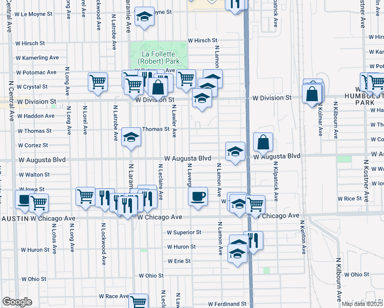 map of restaurants, bars, coffee shops, grocery stores, and more near 4939 West Cortez Street in Chicago