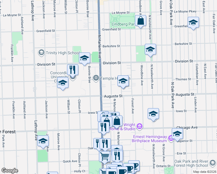 map of restaurants, bars, coffee shops, grocery stores, and more near 745 North Marion Street in Oak Park