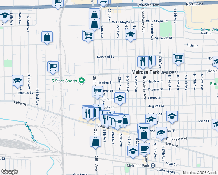 map of restaurants, bars, coffee shops, grocery stores, and more near 1401 North 24th Avenue in Melrose Park