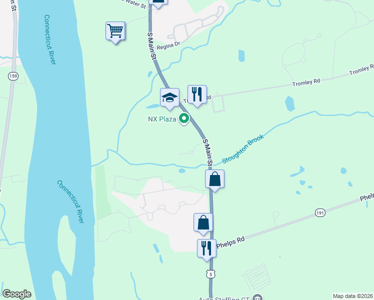 map of restaurants, bars, coffee shops, grocery stores, and more near 14 Masons Brook Lane in East Windsor