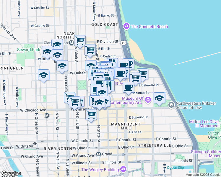 map of restaurants, bars, coffee shops, grocery stores, and more near 873 North Rush Street in Chicago