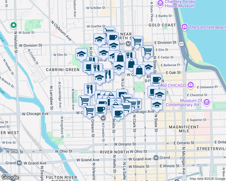 map of restaurants, bars, coffee shops, grocery stores, and more near North Wells Street in Chicago