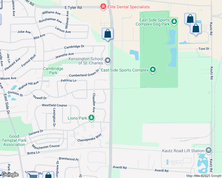 map of restaurants, bars, coffee shops, grocery stores, and more near Kirk Rd & Division St in St. Charles