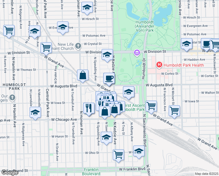 map of restaurants, bars, coffee shops, grocery stores, and more near 3234 West Augusta Boulevard in Chicago