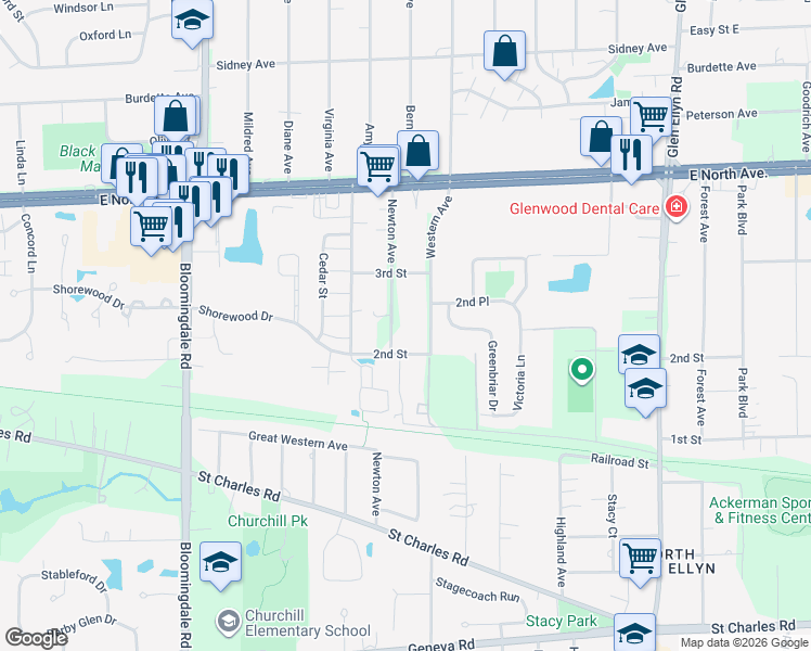 map of restaurants, bars, coffee shops, grocery stores, and more near 1N559 Newton Avenue in Glen Ellyn