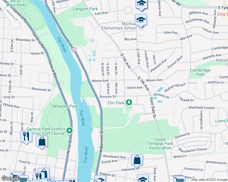 map of restaurants, bars, coffee shops, grocery stores, and more near 1835 South 4th Place in St. Charles