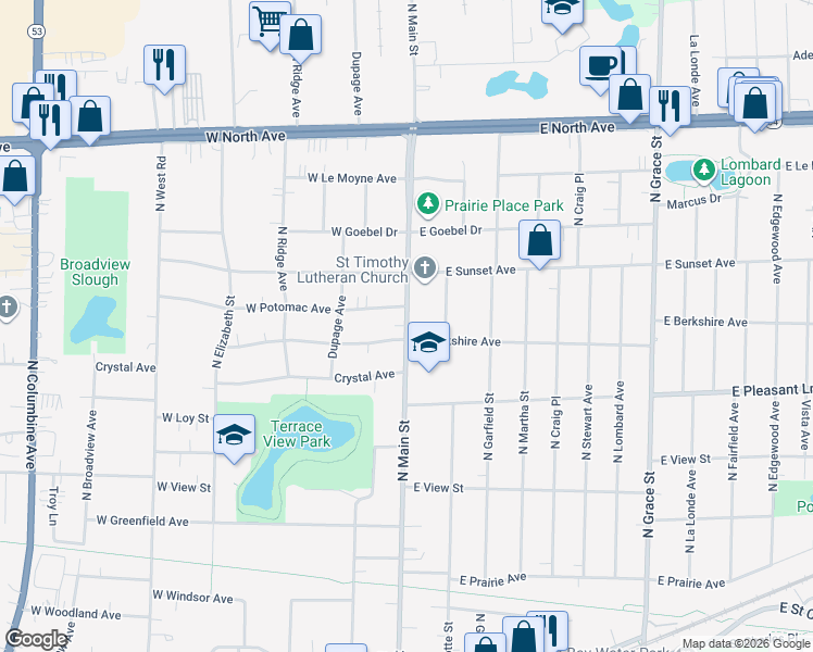 map of restaurants, bars, coffee shops, grocery stores, and more near North Main Street in Lombard