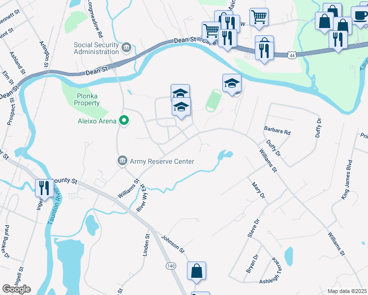 map of restaurants, bars, coffee shops, grocery stores, and more near 43C Williams Street in Taunton