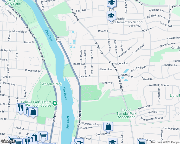 map of restaurants, bars, coffee shops, grocery stores, and more near 1835 South 4th Place in St. Charles