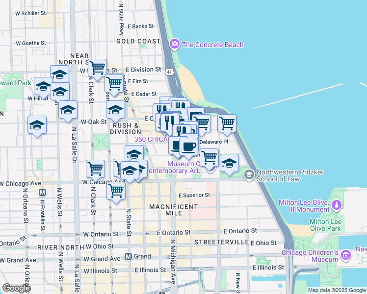 map of restaurants, bars, coffee shops, grocery stores, and more near 175 East Delaware Place in Chicago