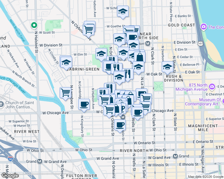 map of restaurants, bars, coffee shops, grocery stores, and more near 900 North Orleans Street in Chicago
