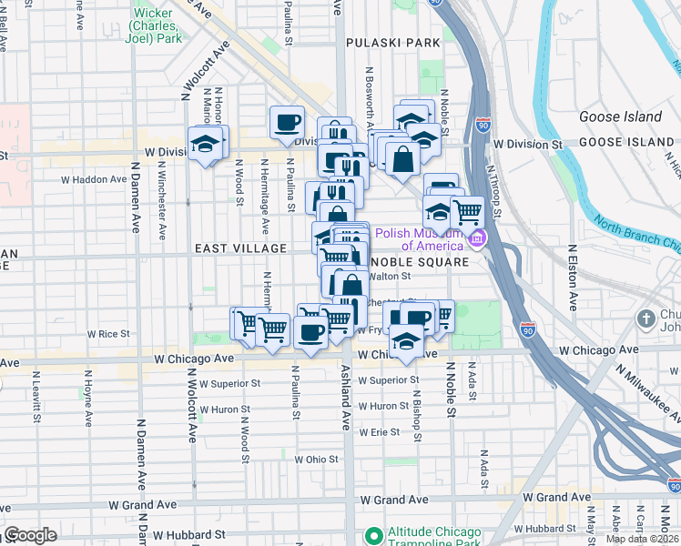 map of restaurants, bars, coffee shops, grocery stores, and more near 3 Ashland Avenue in Chicago