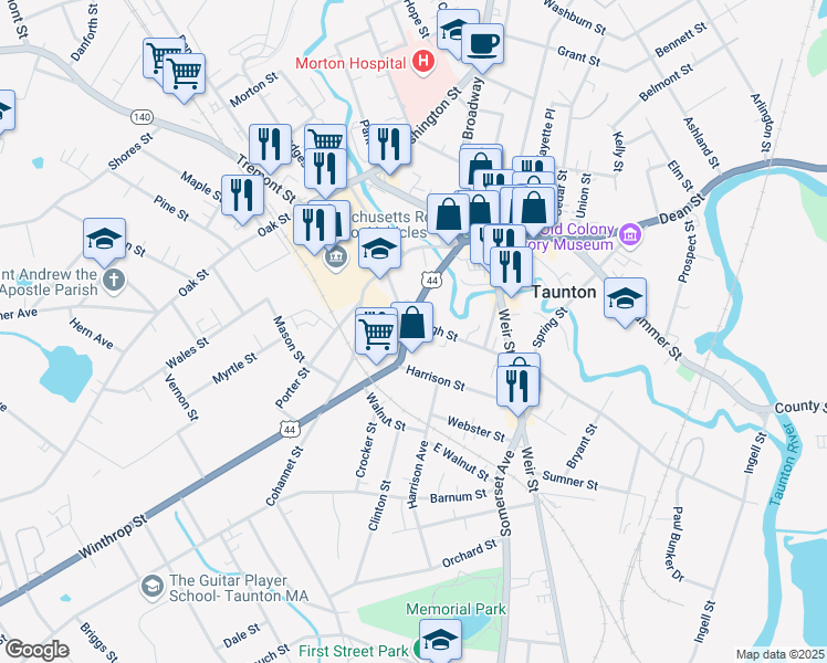 map of restaurants, bars, coffee shops, grocery stores, and more near 130 High Street in Taunton