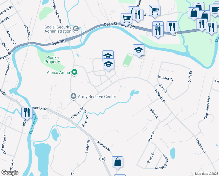 map of restaurants, bars, coffee shops, grocery stores, and more near 43C Williams Street in Taunton