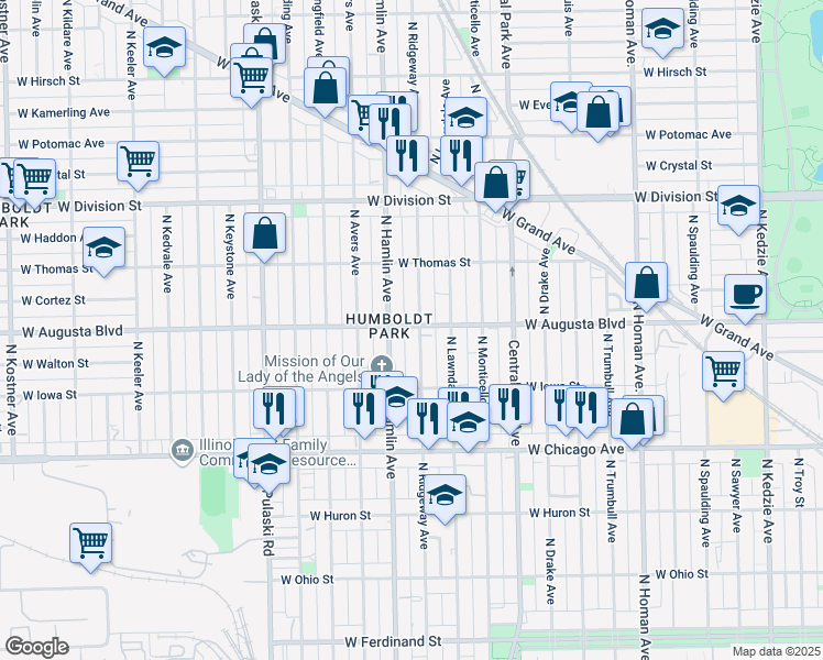 map of restaurants, bars, coffee shops, grocery stores, and more near 1015 North Ridgeway Avenue in Chicago