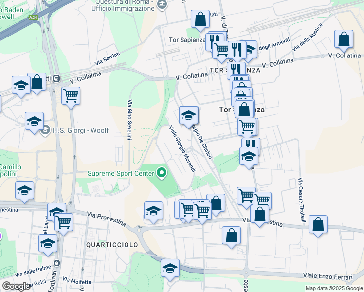 map of restaurants, bars, coffee shops, grocery stores, and more near 191 Viale Giorgio Morandi in Roma