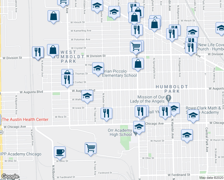 map of restaurants, bars, coffee shops, grocery stores, and more near West Augusta Boulevard & North Kedvale Avenue in Chicago