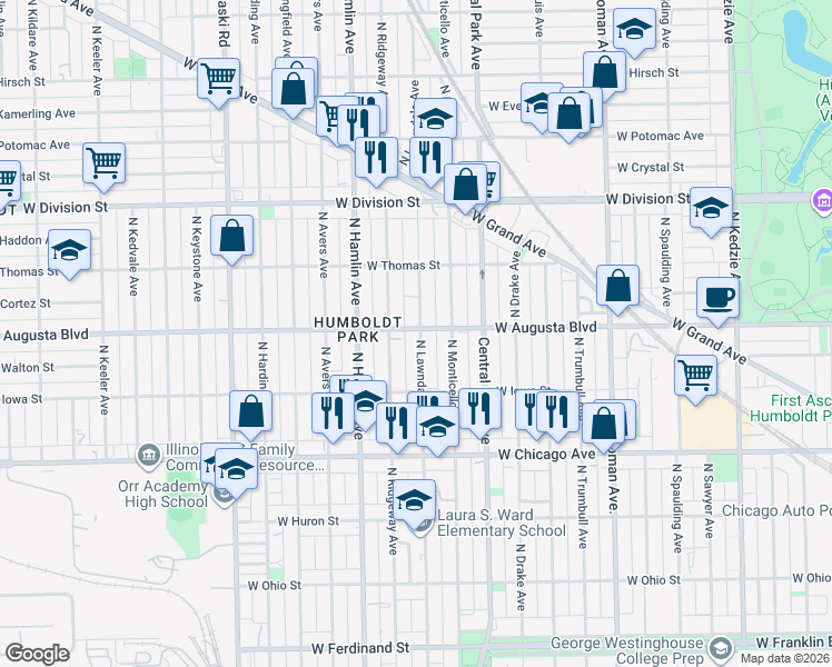 map of restaurants, bars, coffee shops, grocery stores, and more near 1011 North Lawndale Avenue in Chicago