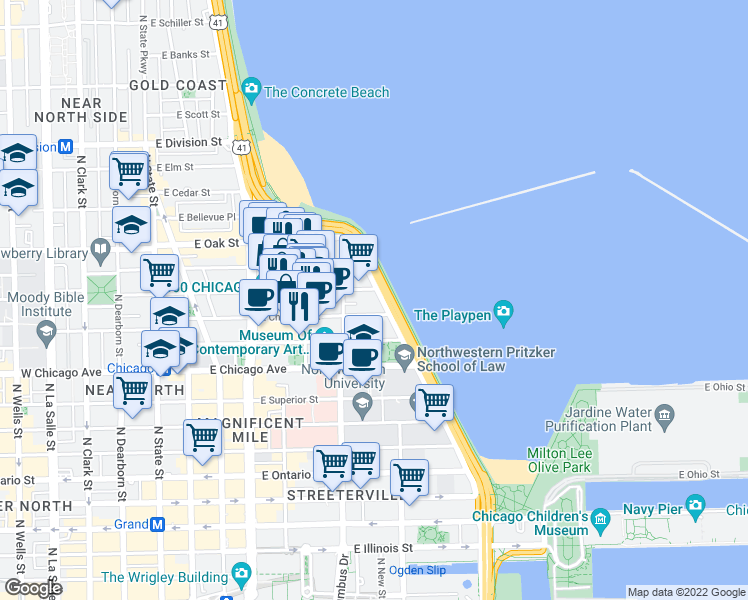 map of restaurants, bars, coffee shops, grocery stores, and more near 900 North Lake Shore Drive in Chicago