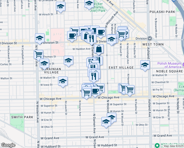 map of restaurants, bars, coffee shops, grocery stores, and more near 940 North Damen Avenue in Chicago